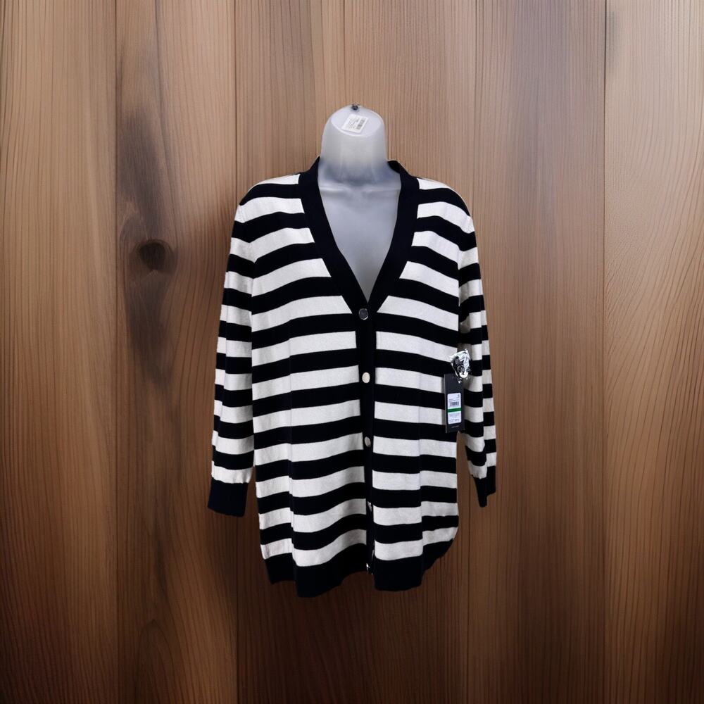 Jones New York Sport Women’s Black & White Stripe Silver Button Cardigan Large